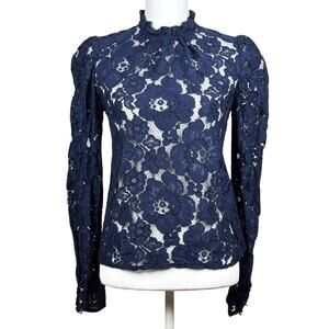 Wayf Emma Puff Sleeve Lace Top Size XS Long Sleeved Blouse Navy Blue